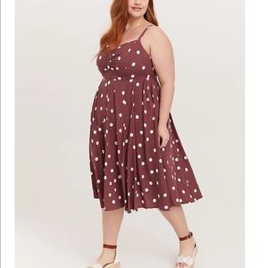 WALNUT POLKA DOT CHALLIS BUTTON FRONT MIDI DRESS